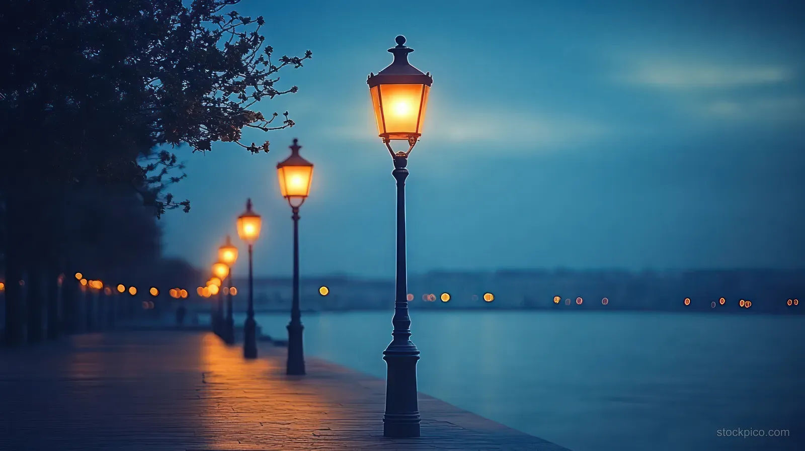Vintage street lamps glow warmly along a waterfront promenade as calm water and blue dusk sky stretch into the distance.