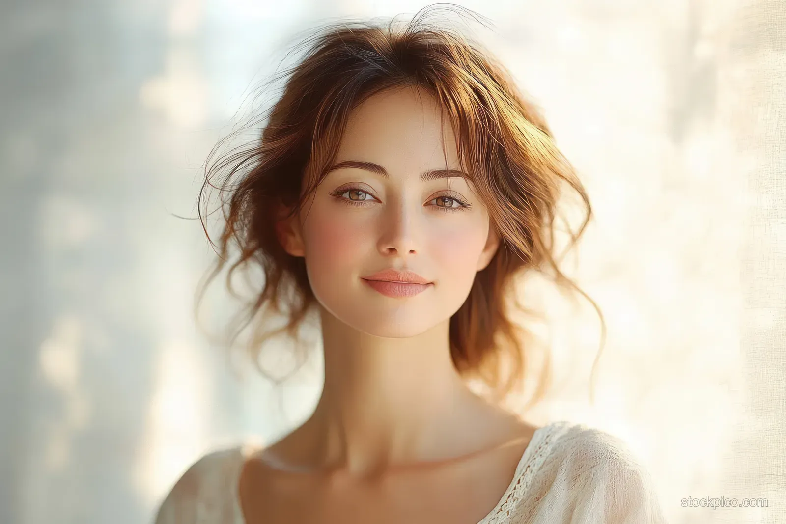 Middle-aged Asian woman in white clothing smiles softly in warm natural daylight with gentle bokeh background.