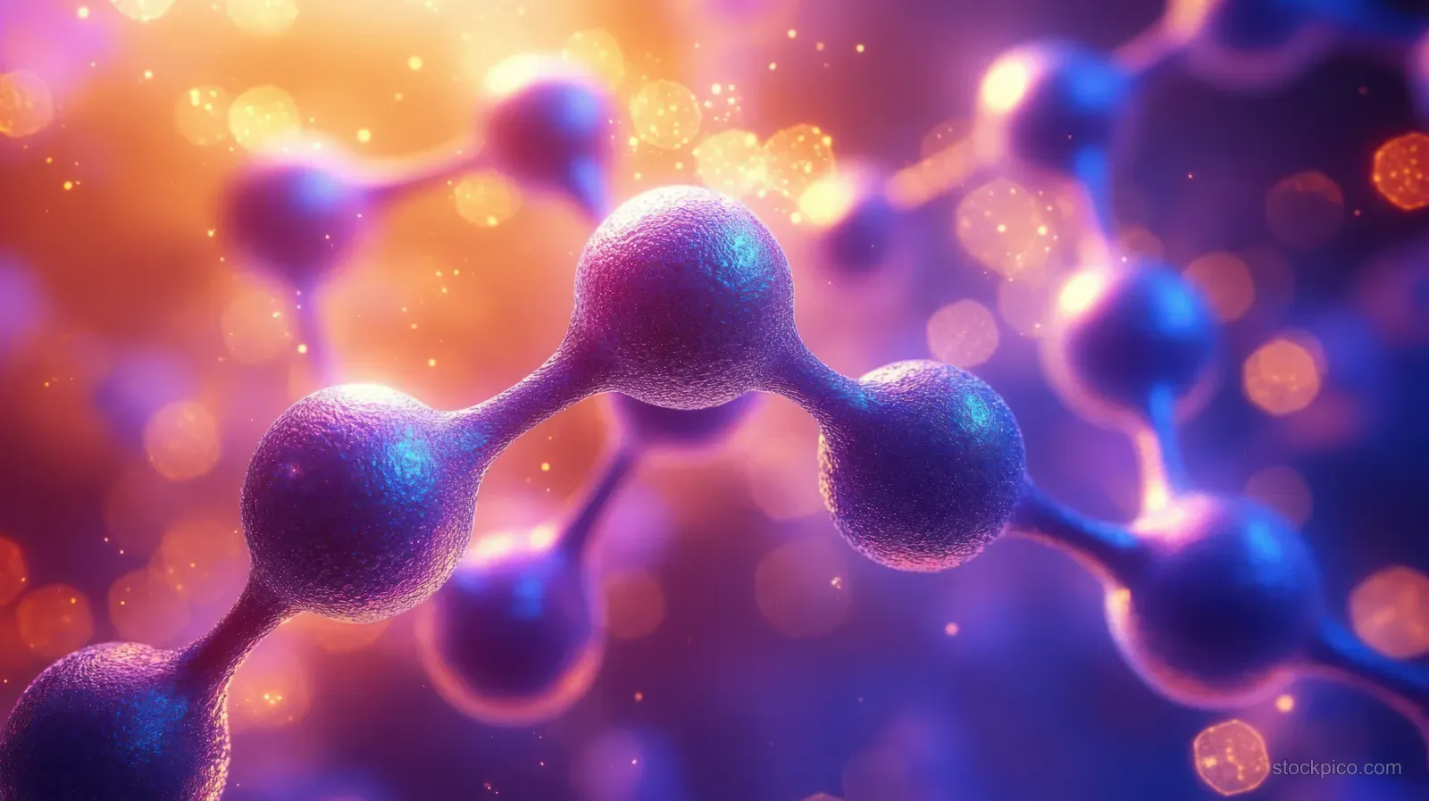 Glowing bonded spheres of a molecular model float in a vibrant abstract particle background.