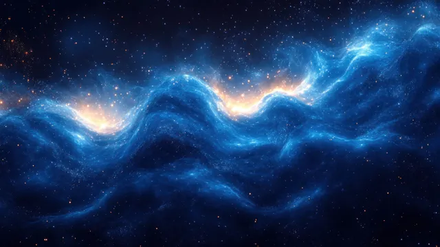 Futuristic deep blue cosmic landscape with glowing waveforms and nebula light trails