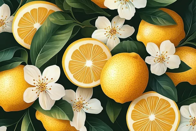 Seamless pattern of lemons and blossoms with leafy accents in warm summer colors