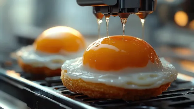 Sunny-side-up eggs on a hot grill, liquid drips from multiple nozzles onto golden yolks