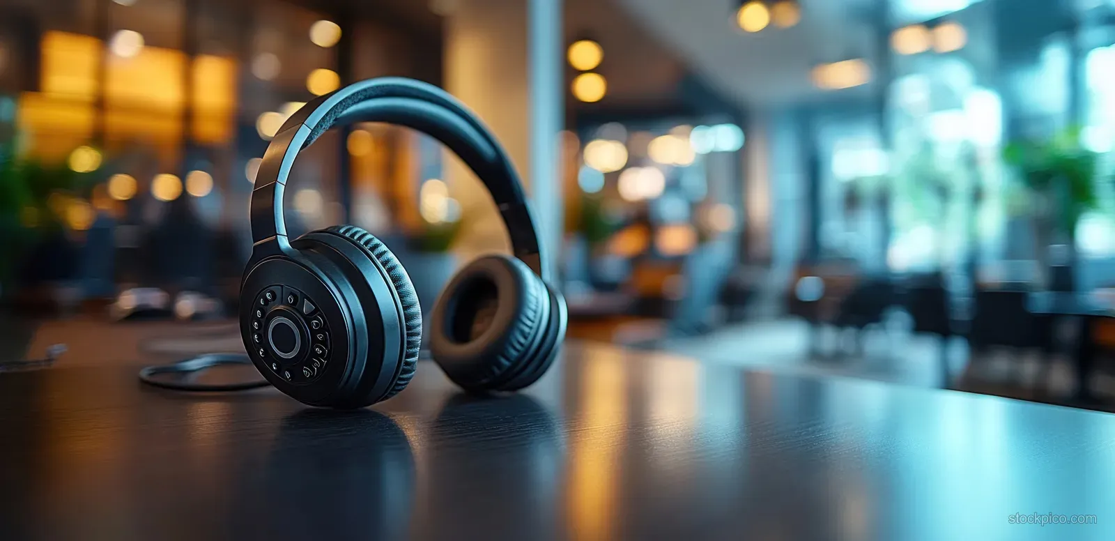 Black headset on a desk with a nearby telephone and blurred call center lights in the background.