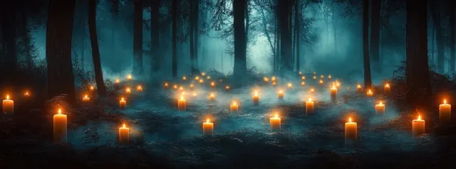 Dozens of glowing candles burn through fog in a dark forest clearing, illuminating scattered leaves with teal light.