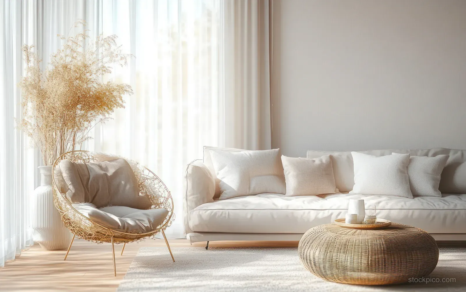 White minimalist living room interior with sheer curtains, a sofa, rattan chair, and woven ottoman in sunlight.