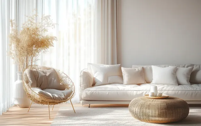 White minimalist living room interior with sheer curtains, a sofa, rattan chair, and woven ottoman in sunlight.