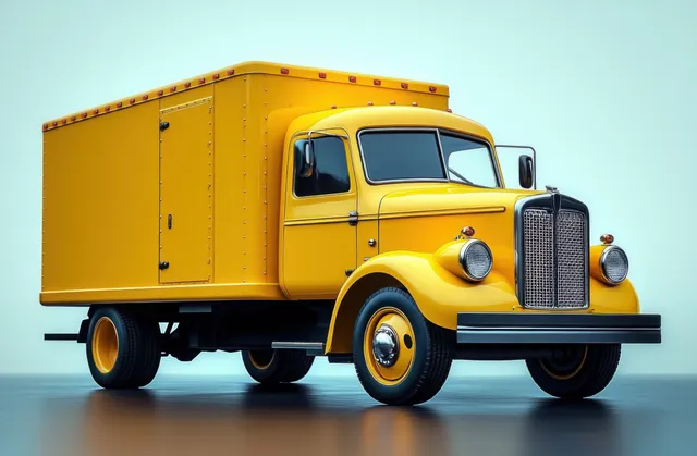 Bright yellow vintage delivery truck with rounded headlights and enclosed cargo bay on a smooth surface.