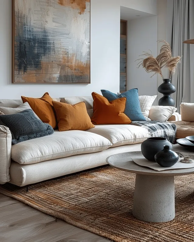 Beige sofa in a bright living room with colorful pillows and a round concrete coffee table with Minimalist Interior Design