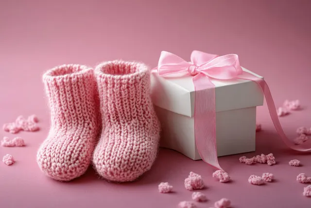 Pink knitted baby booties beside white gift box on soft pastel pink background