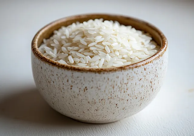 Uncooked white rice is neatly arranged in a white ceramic bowl, illuminated by bright natural light to highlight its texture.