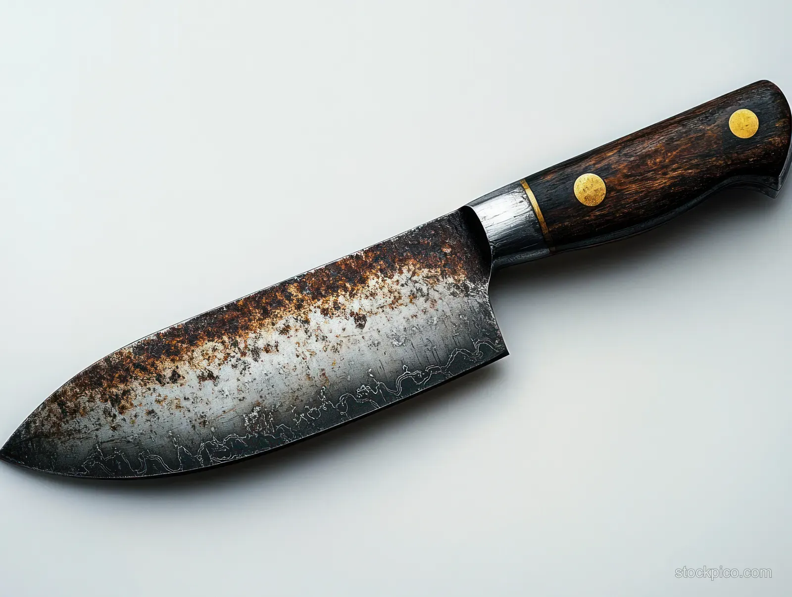 Rusted kitchen knife with a wooden handle lying on a white background, showing heavy patina and corrosion.