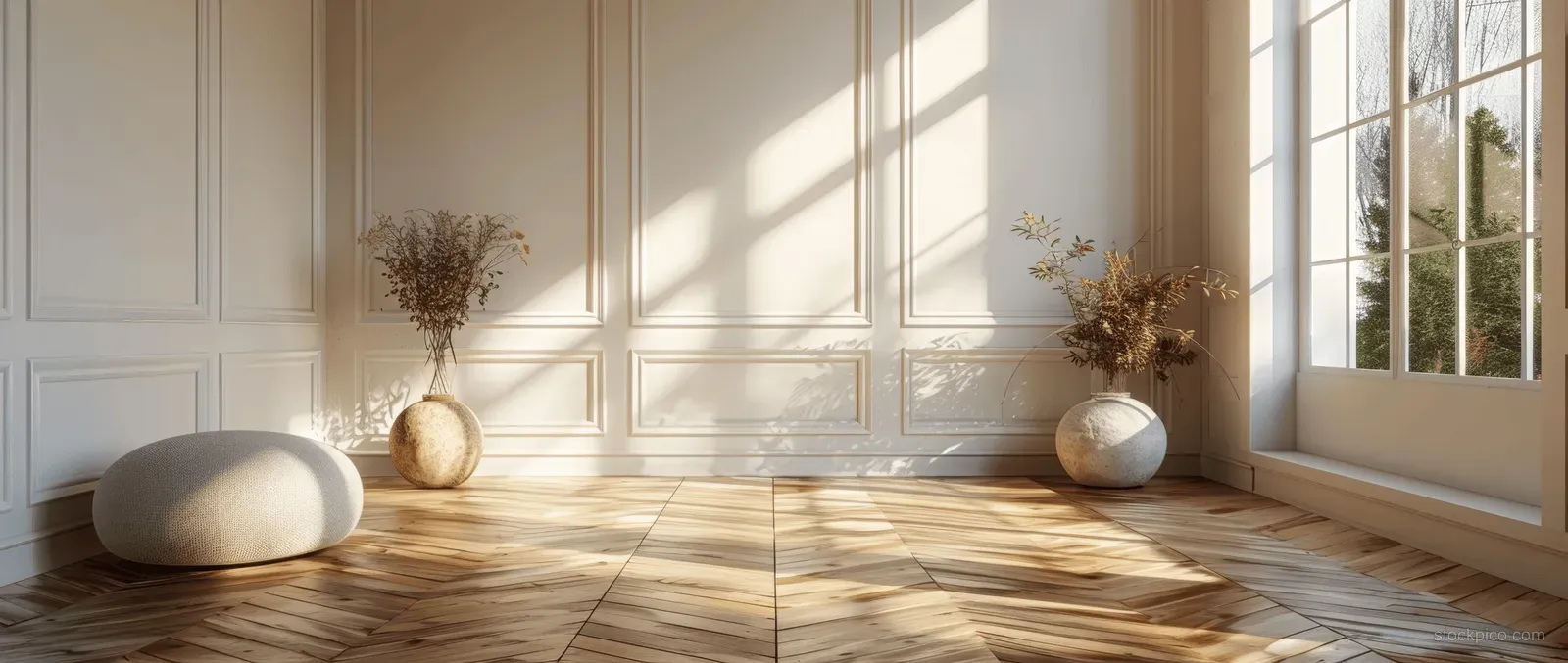 Sunlit minimalist studio interior with white wall panels, wooden floor, and window grid shadows.