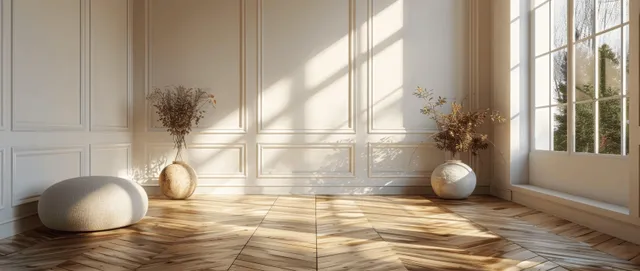 Minimalist studio interior with white walls, wooden floor, and sunlit window shadows