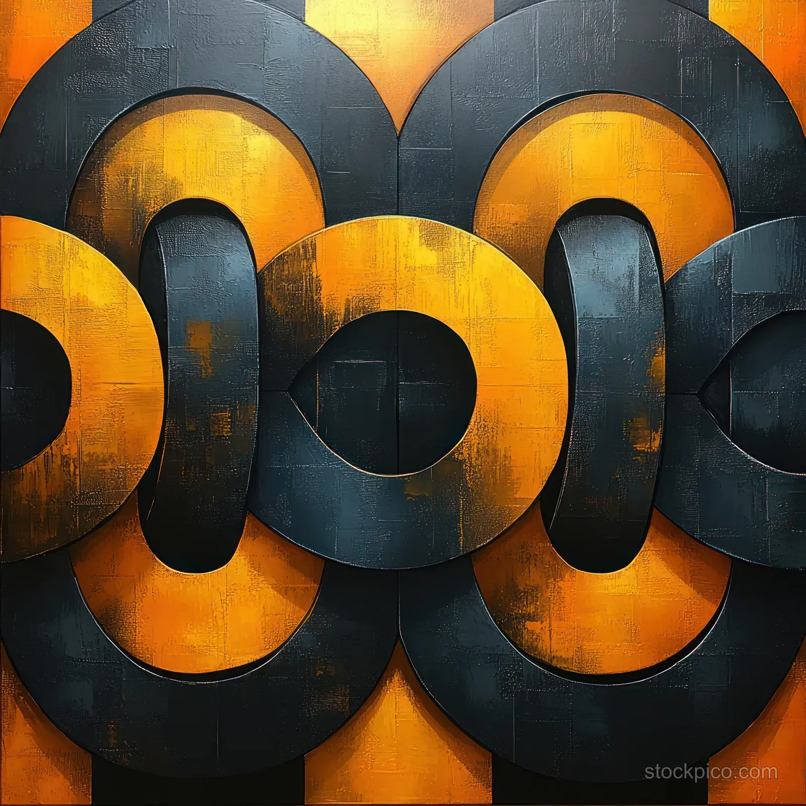 Interlocking black and yellow 3D letter shapes fill the frame in a repeating abstract pattern.