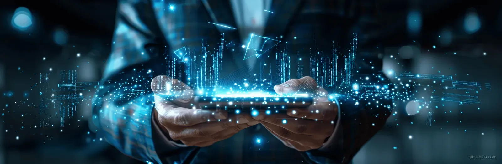 Gloved hands hold a biometric scanner display with floating holographic lock icons for digital data protection.