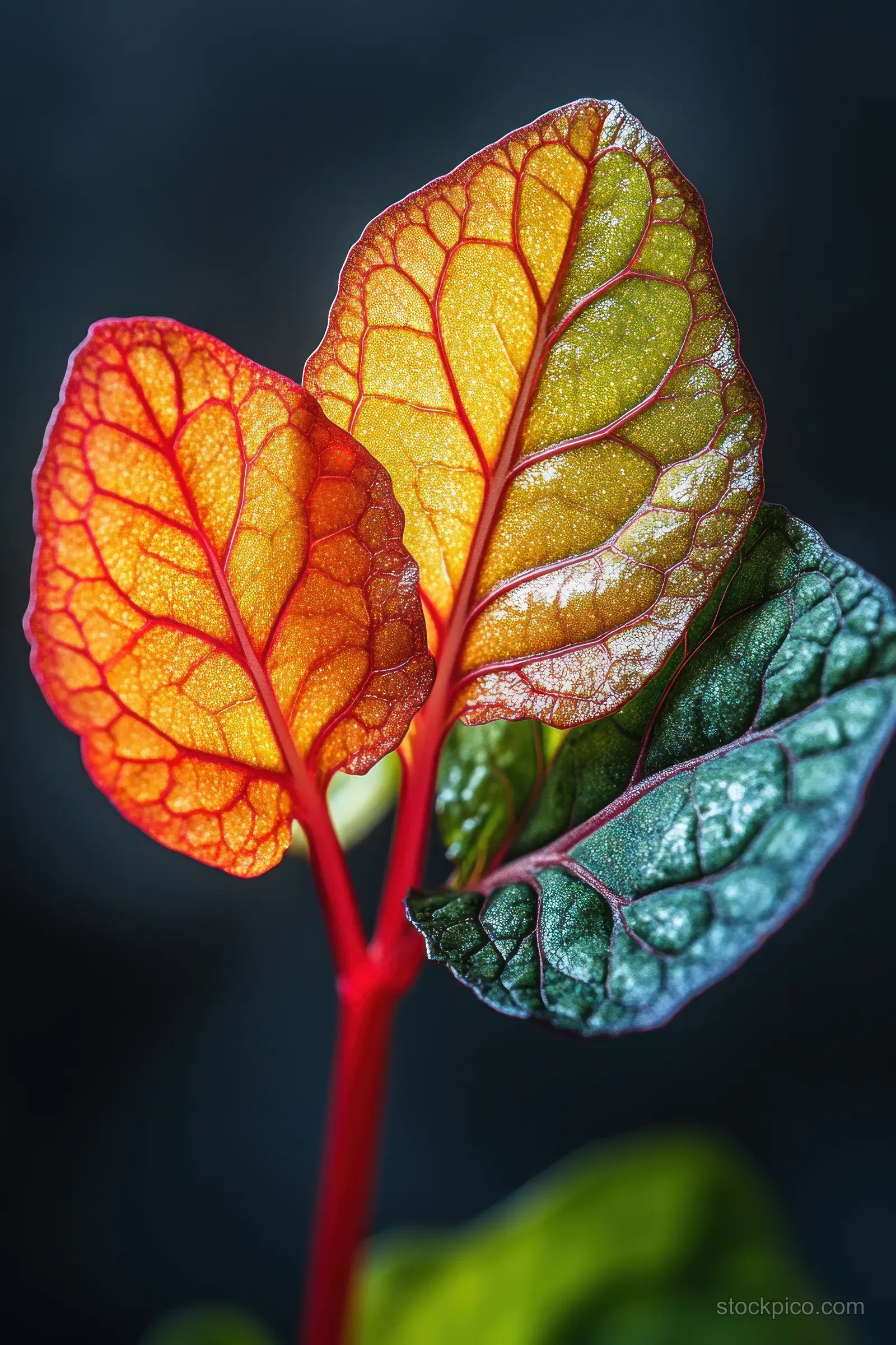 Backlit swiss chard leaves display translucent veins and red stems against a dark blurred background.