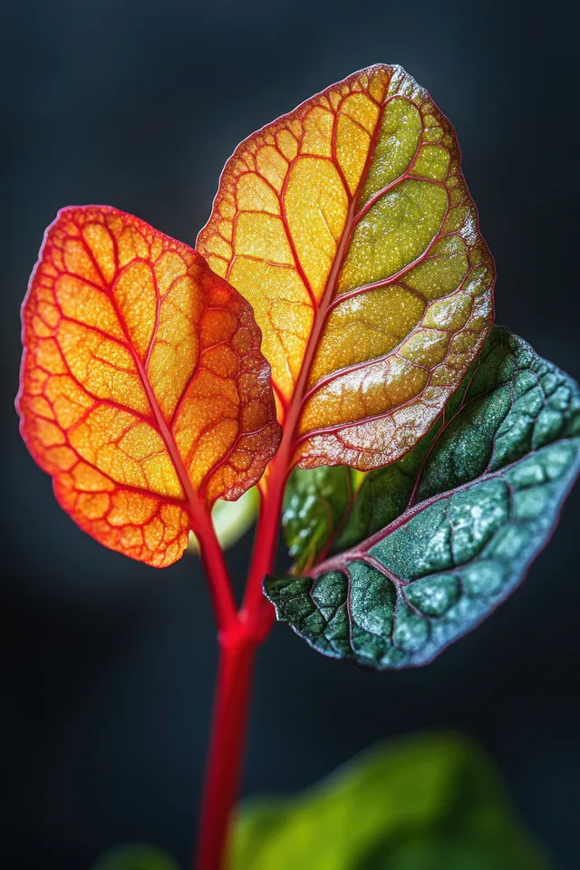 Swiss chard leaves glow with backlit veins, red stems, and vibrant green-purple hues