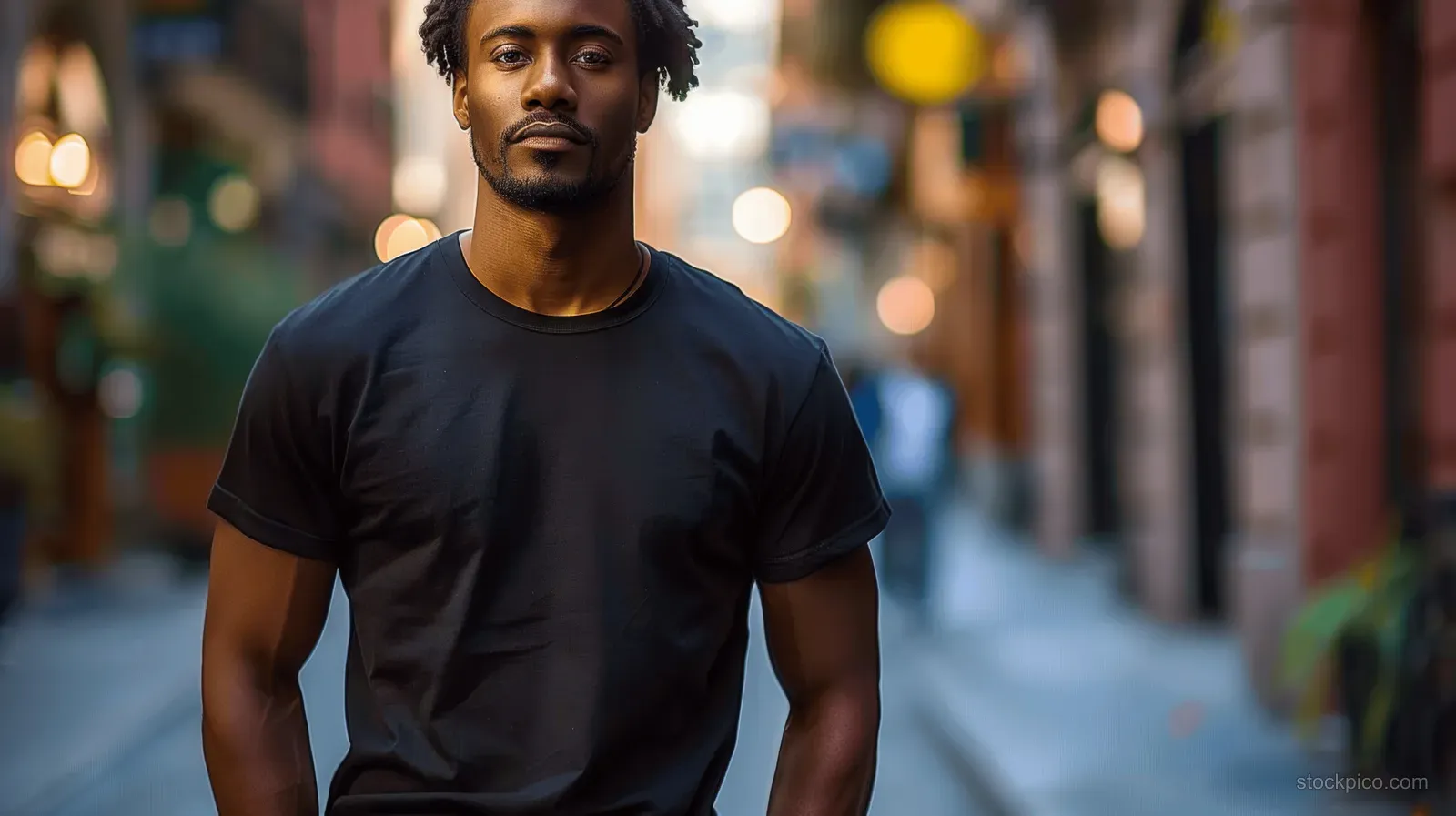 African American man wearing a plain black t-shirt standing on a sunlit city street with blurred bokeh lights.