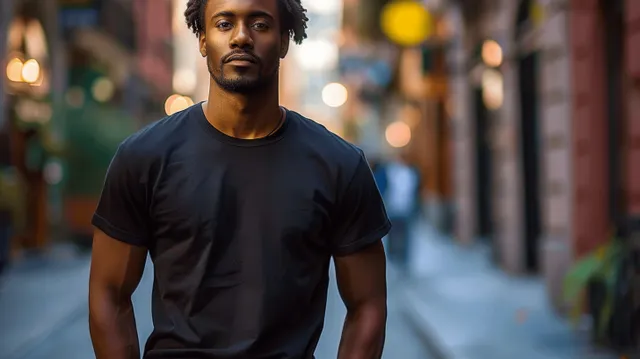 Black T-shirt mockup on African American man standing in city street daylight