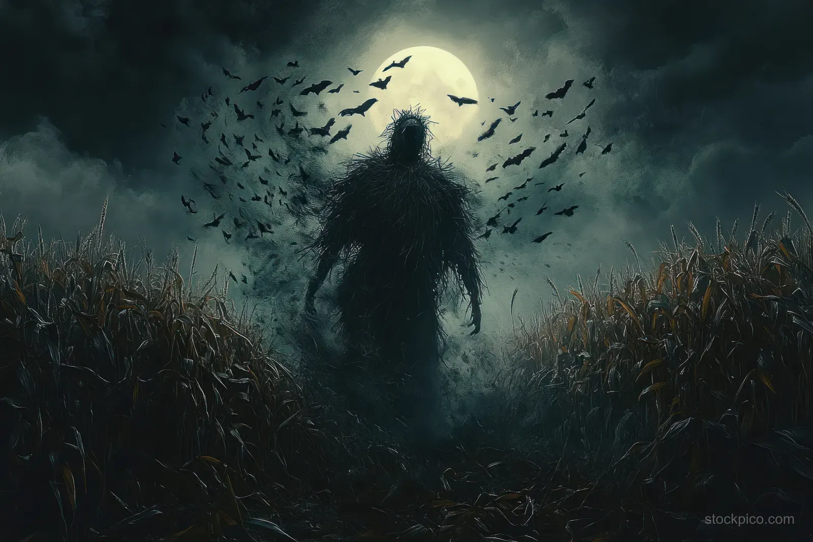 A branch-like humanoid silhouette stands in a foggy cornfield under a full moon as bats swirl overhead.