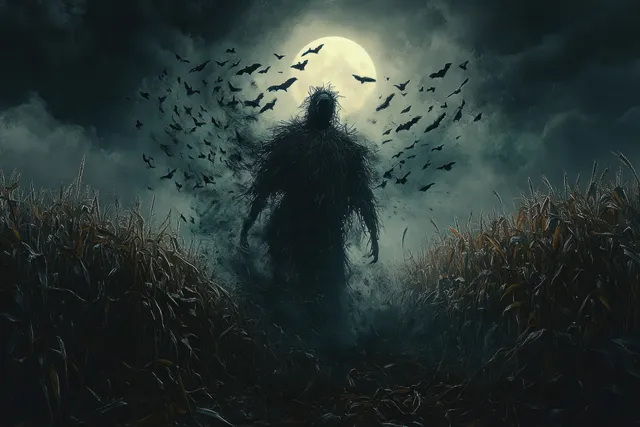 Humanoid made of branches rises from cornfield beneath a full moon, bats circling in fog
