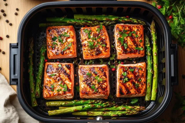 Grilled salmon fillets and roasted asparagus spears in a black grill pan topped with fresh herbs and peppercorns.