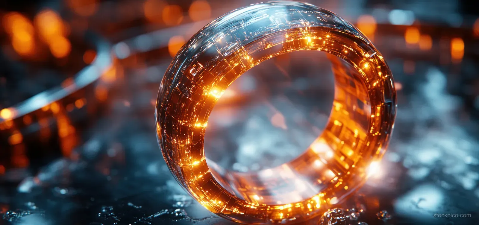 Iridescent glowing ring with warm orange highlights rests on dark circuitry while colorful blurred lights glow behind.