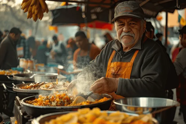 A street vendor grills taco fillings at a Mexico City market stall while shoppers wait behind glass trays.