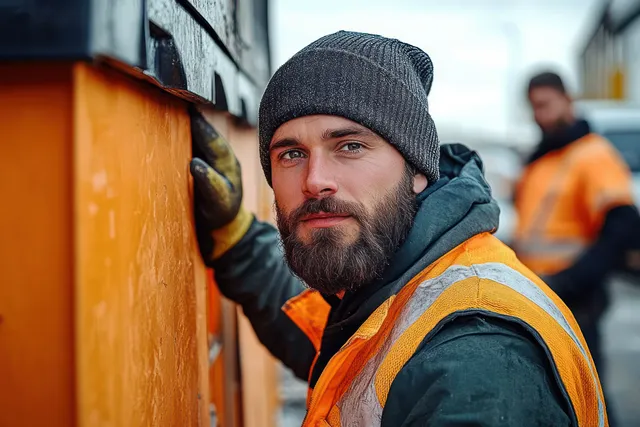 Bearded construction worker in a gray beanie and orange safety vest adjusting an orange industrial container with a blurred teammate behind.