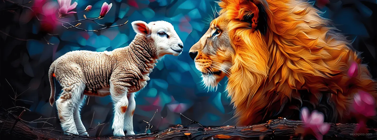 A lion and a lamb face each other against a dark floral background.