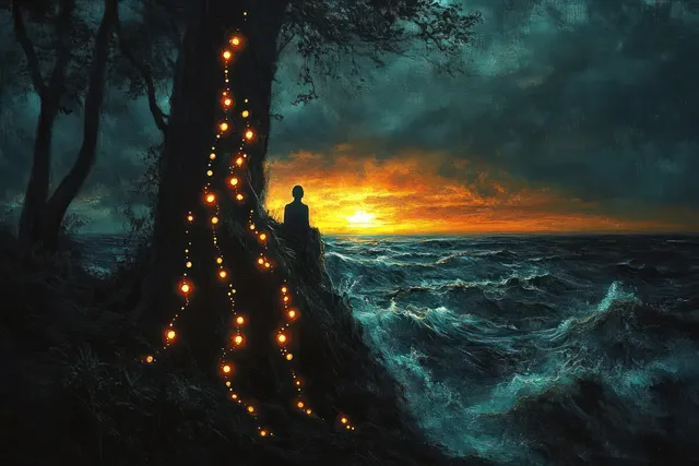 Silhouette of a person sits on a cliff by a glowing-orb tree overlooking stormy waves at sunset.
