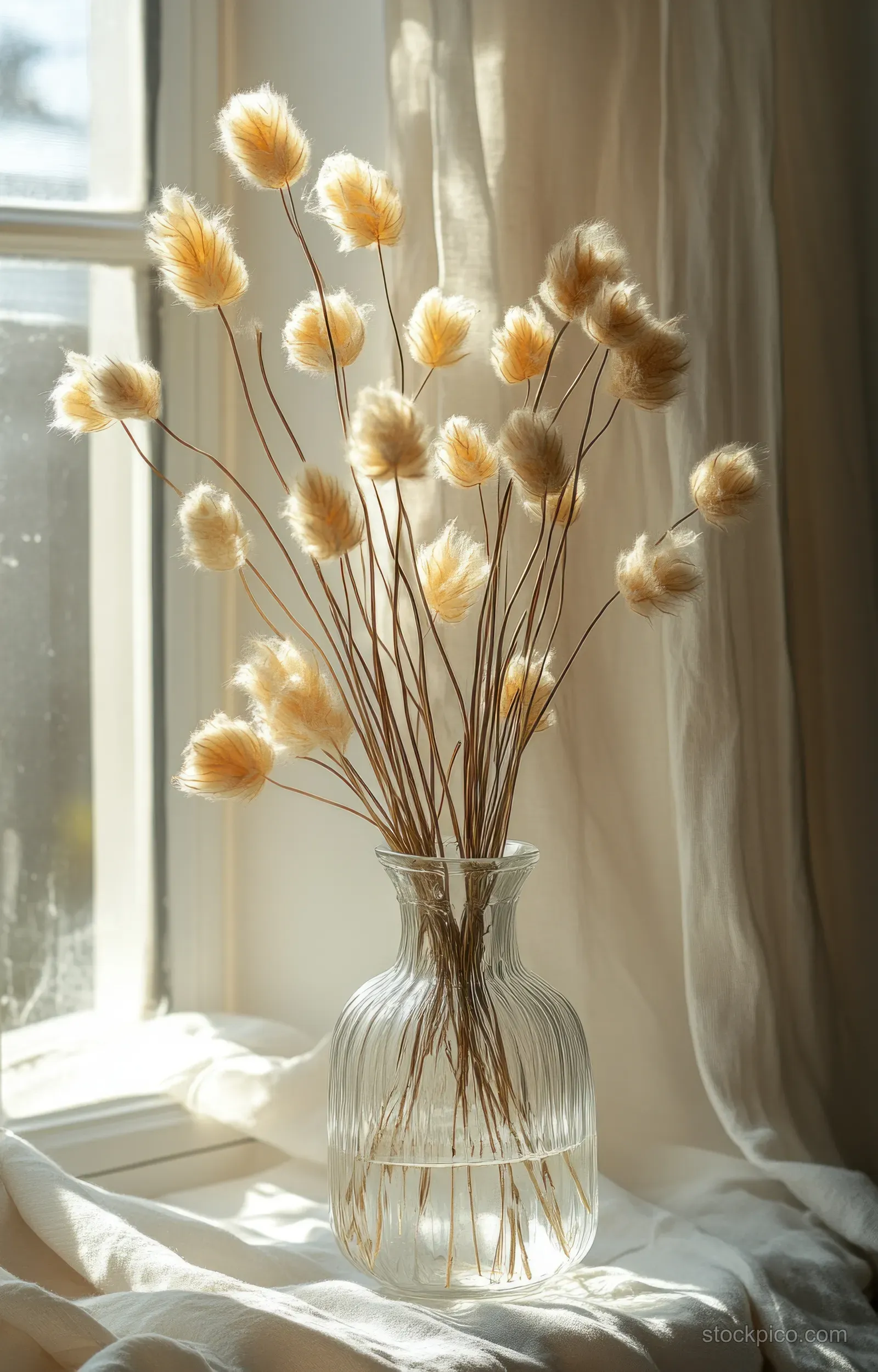 Dried pampas grass stems in a clear glass vase by a window with soft morning light and delicate shadows on linen.