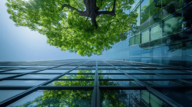 Low-angle view of a glass office building facade with a leafy tree canopy above reflecting in windows.