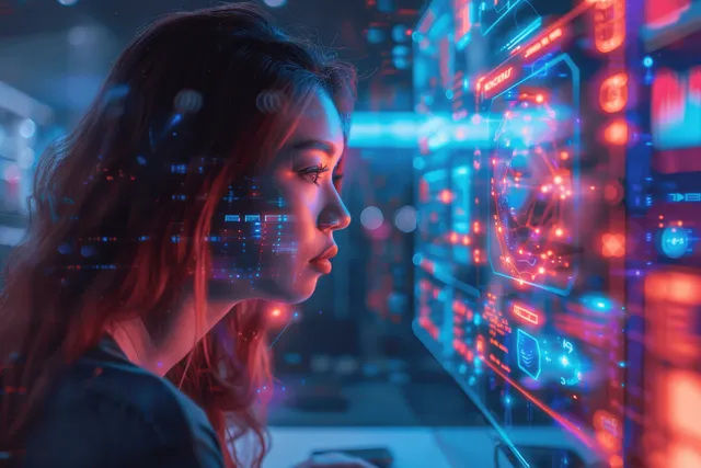 AI HR manager monitors virtual ID cards on glowing recruitment dashboard