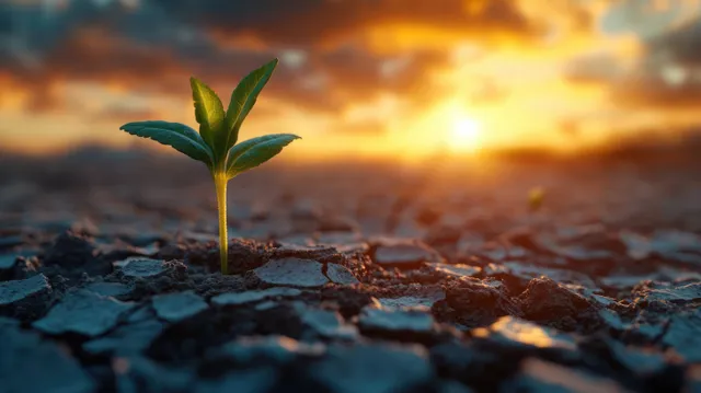 A small green sprout grows from cracked dry earth at sunset.