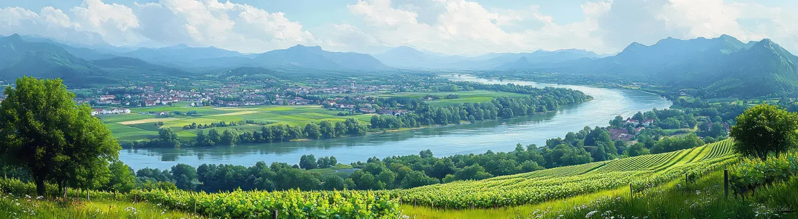 Panoramic view of a calm river through vineyard-covered hills with soft mist over the valley.