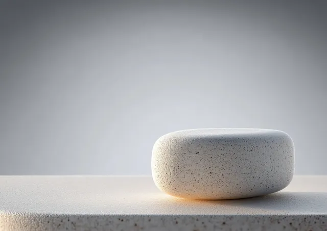 A single rounded stone podium sits on a light surface under soft lighting against a gray background.
