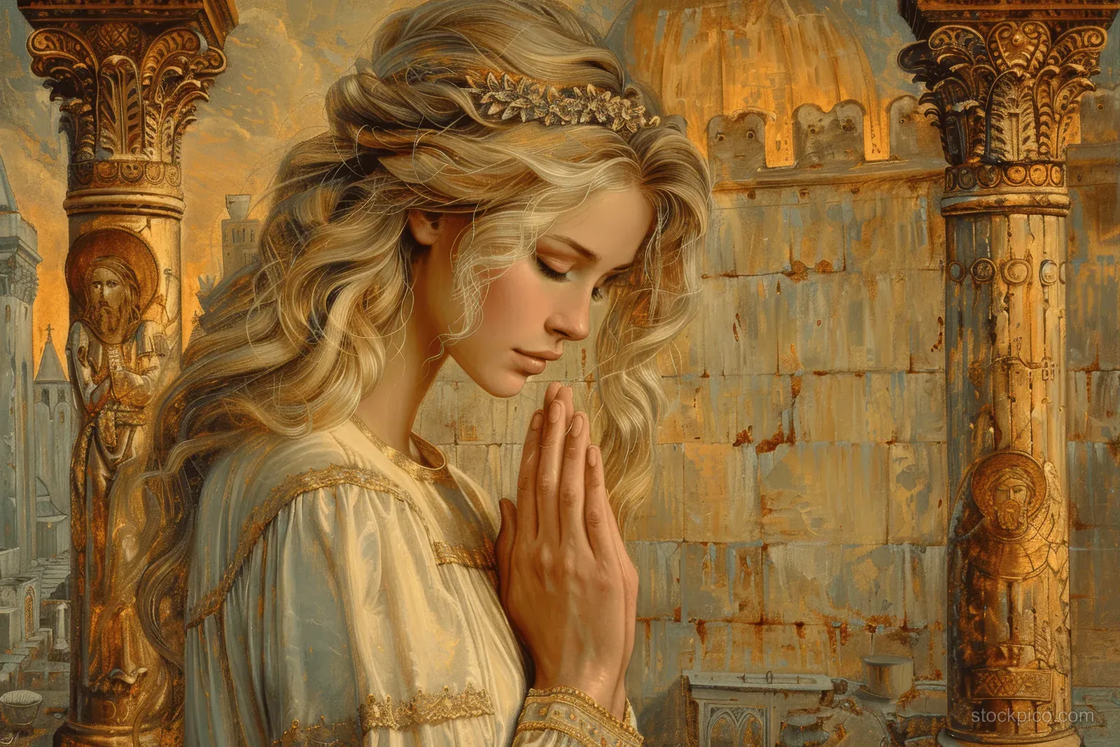Mary kneels in prayer with hands together as an angel appears near ancient Jerusalem stone walls and columns.