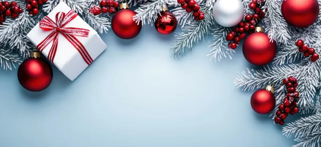 Christmas gift box and pine branches with red baubles on snowy blue flat lay