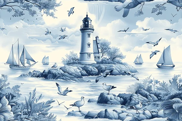 Seamless blue nautical toile pattern with lighthouse, sailboats, and flying seagulls