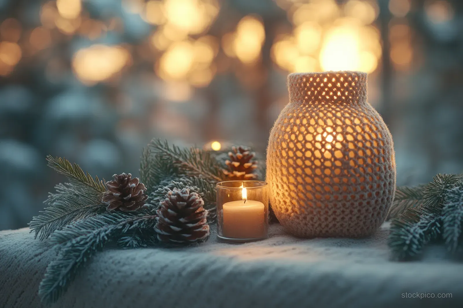 Winter console table decorated with pine greenery, pinecones, a lit candle, and a textured ceramic lantern.