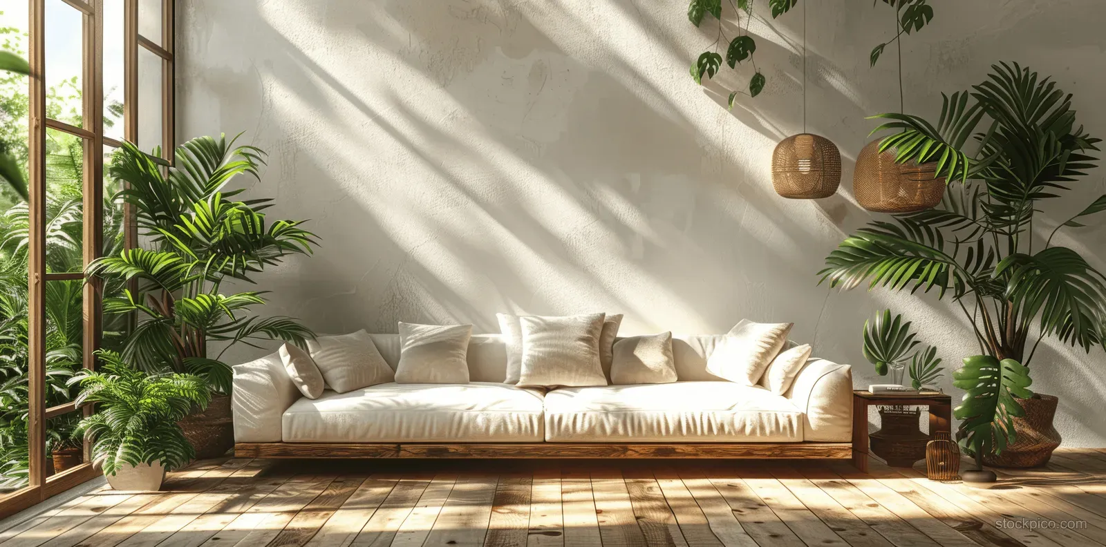 Sunlit living room with a sofa, wooden floor, potted plants, and a large window showing greenery outside.