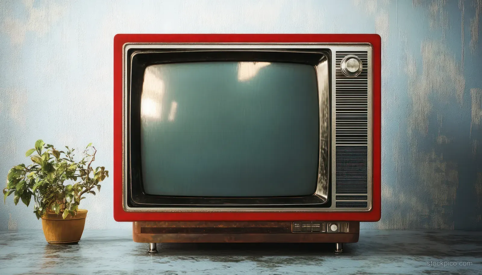 Vintage red CRT television with a blank dark screen, potted plant beside it, against a textured studio wall.