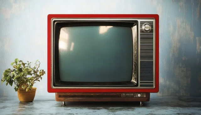 Vintage red CRT television with a blank dark screen, potted plant beside it, against a textured studio wall.