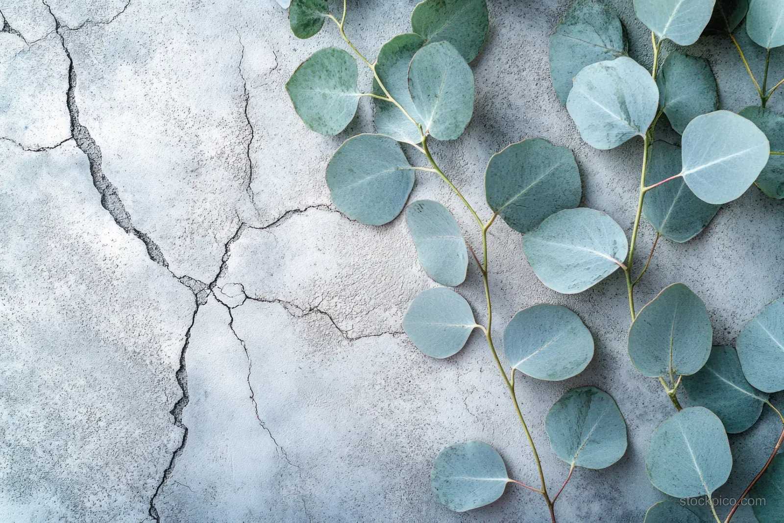 Eucalyptus leaves and thin stems arranged on a cracked gray concrete background in soft daylight.