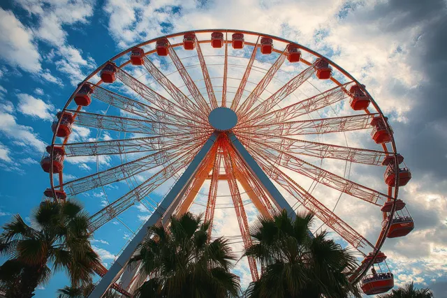 Large red ferris wheel with open cabins rising over palm trees under blue partly cloudy sky