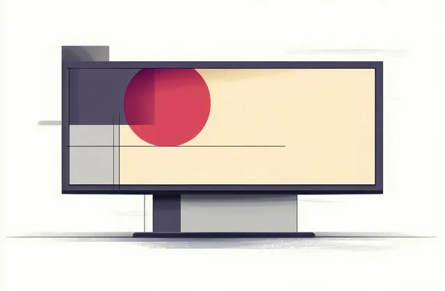 Flat screen monitor with a screen showing muted geometric rectangles and a large red circle.