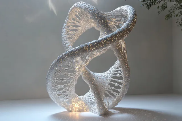 A frosted DNA helix sculpture with a warm glowing base sits on a minimalist indoor table.