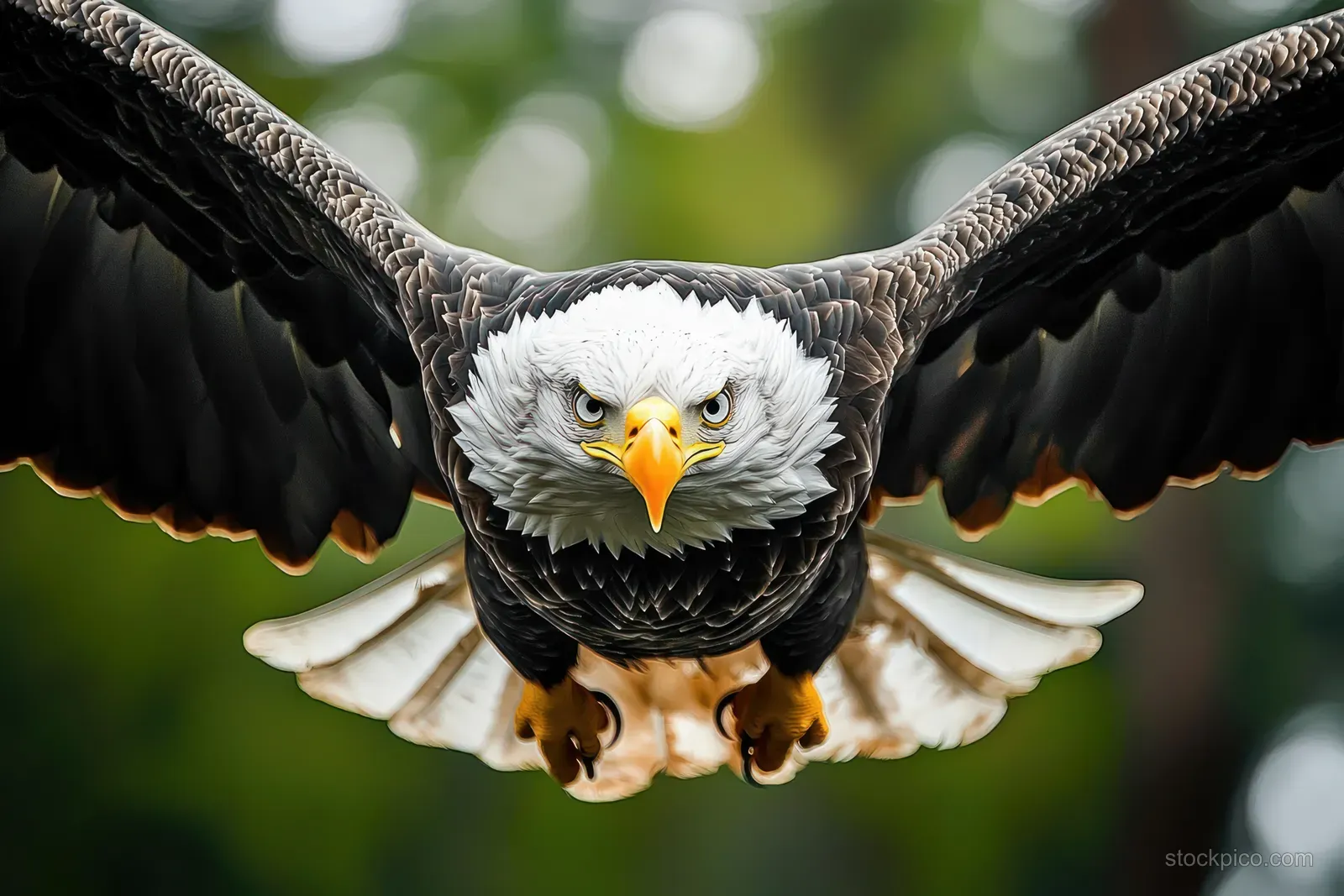 A bald eagle glides toward the camera with wings spread and talons extended against a blurred green forest background.