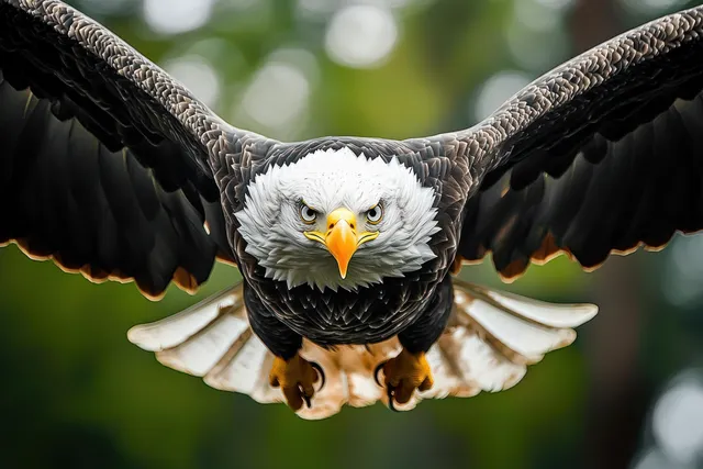 A bald eagle glides toward the camera with wings spread and talons extended against a blurred green forest background.